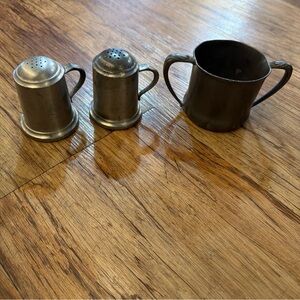 Web  Salt  & Pepper Shakers 2” H And A Child’s Cup Or Sugar Dish Marked Genuin